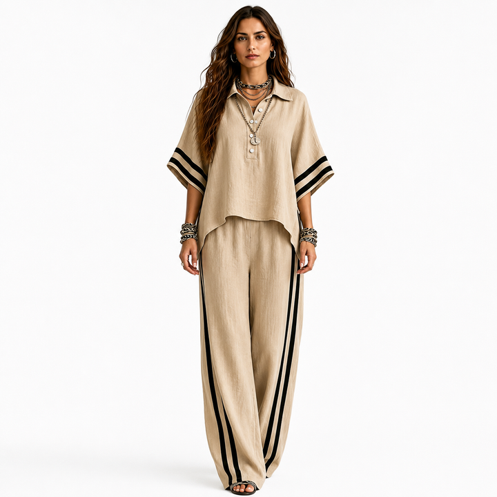 Women casual co ord pants set with short sleeve shirt, loose full-length trousers and clean modern styling for summer day set
