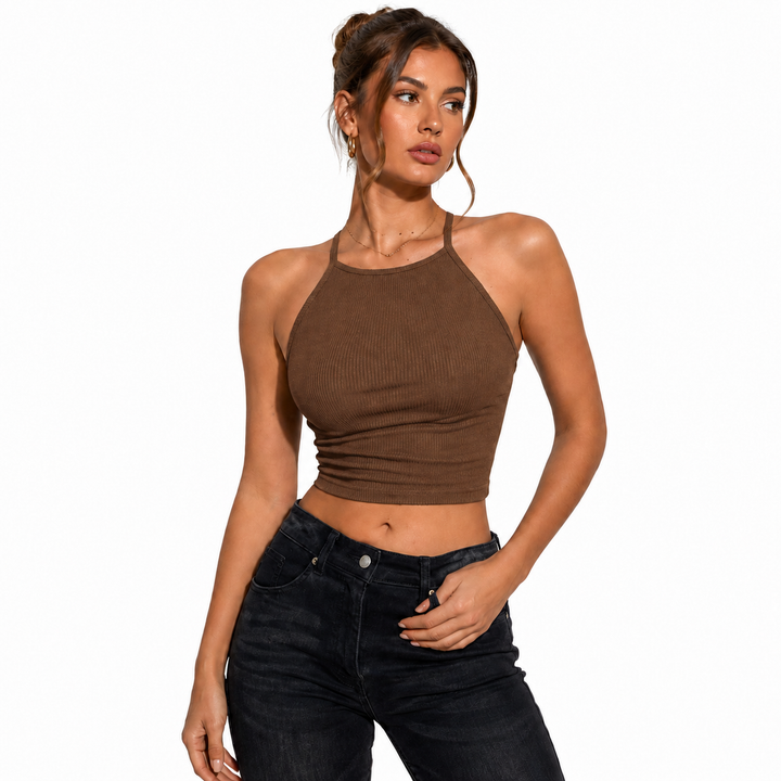 Grey halter crop top for women with sleek ribbed fabric