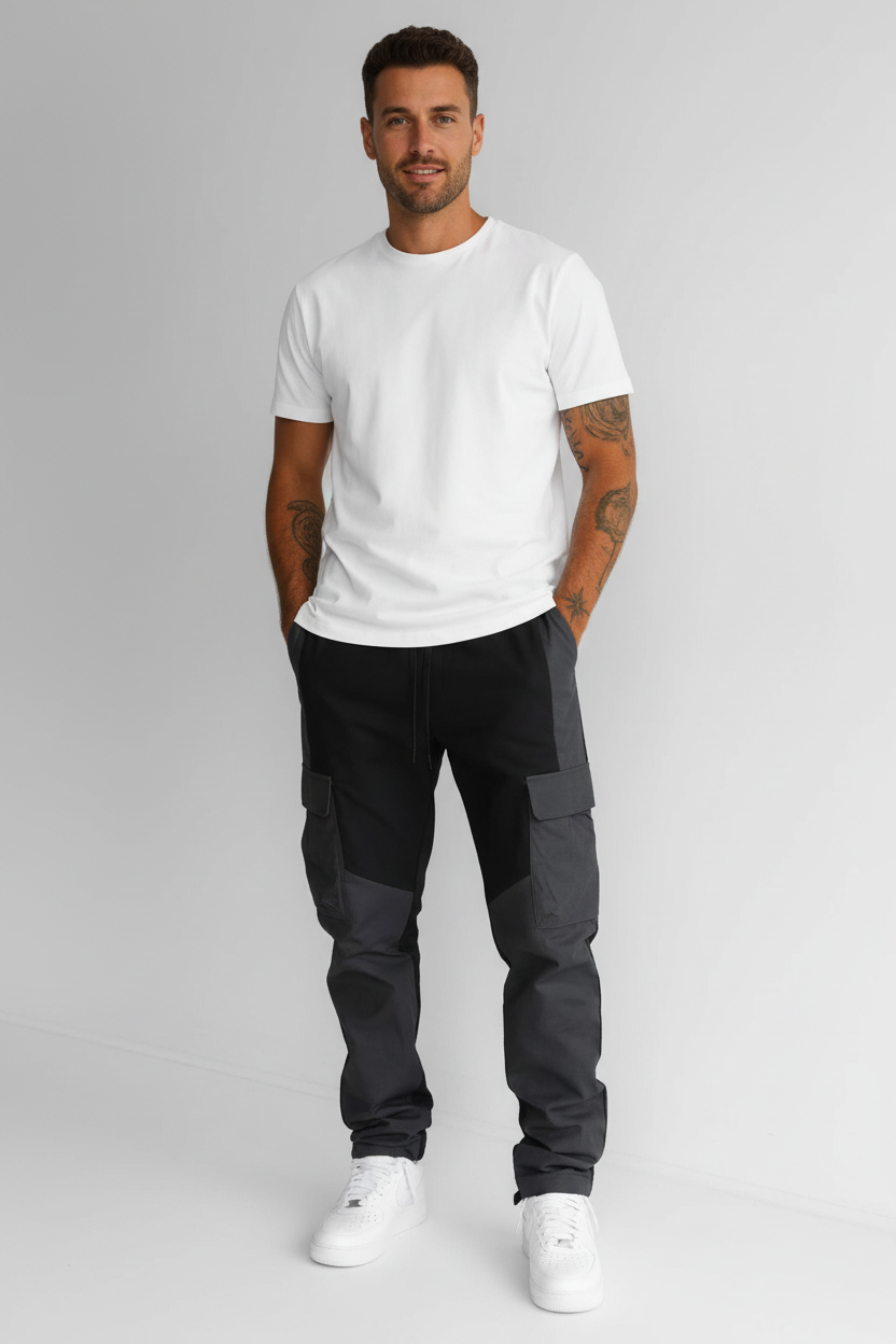 men's black multi-pocket trousers back view deep pocket stitching detail casual streetwear adult