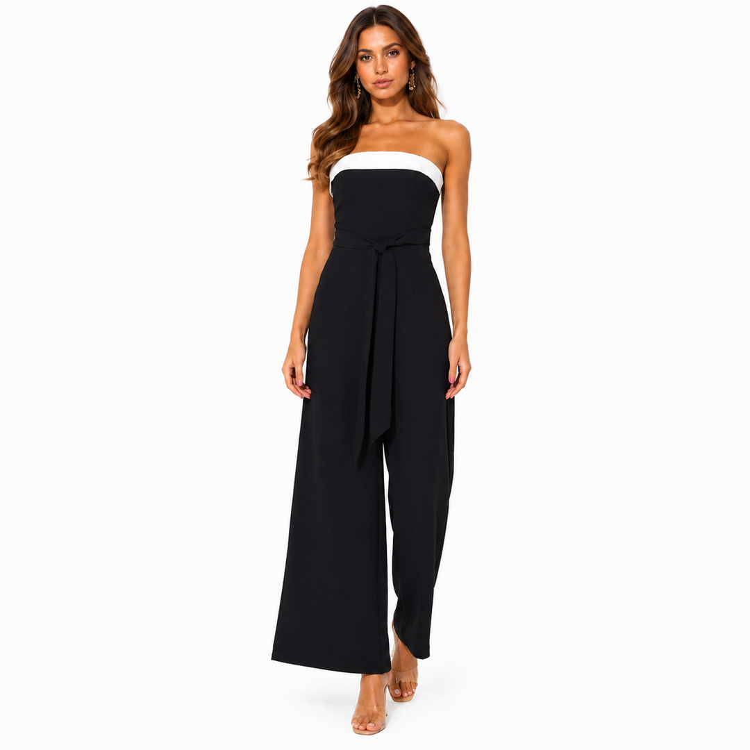 Elegant black wide leg jumpsuit for women with waist tie