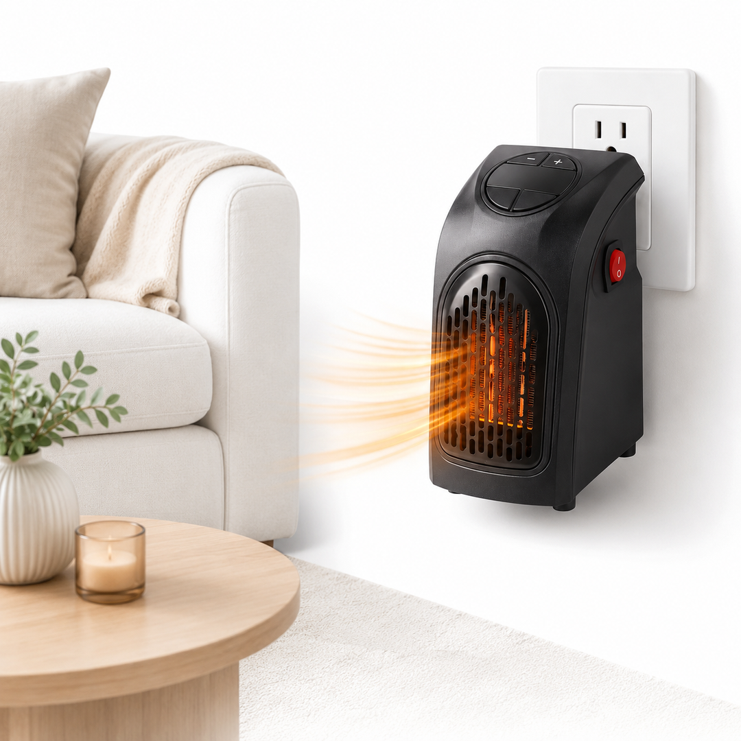 Mini ceramic heater for home, office, and travel with compact dimensions, temperature control, and a rotatable European plug.
