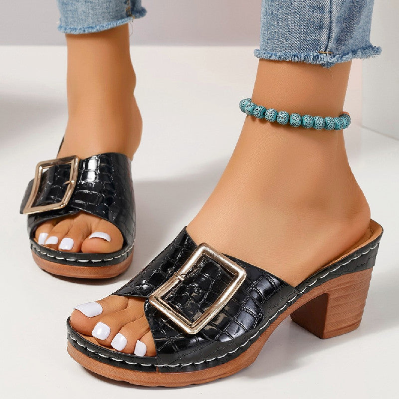 Summer heeled sandals with fish mouth toe and crocodile-textured upper
