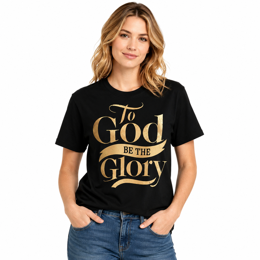 Round neck short sleeve top with To God Be The Glory gold print, made for relaxed styling with jeans shorts or skirts daily..