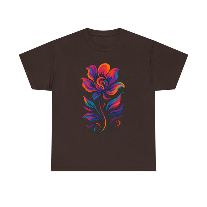 Lifestyle shot of botanical graphic tee paired with black denim for city wear