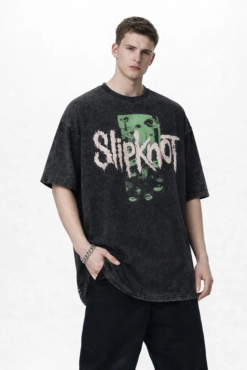oversized band T-shirt shoulder drop fit showing relaxed silhouette and sleeve length proportion