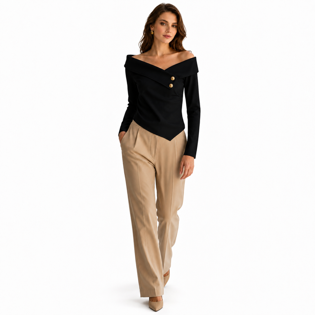 Elegant office blouse with off shoulder neckline, long sleeves, smooth polyester fabric and versatile white color styling now