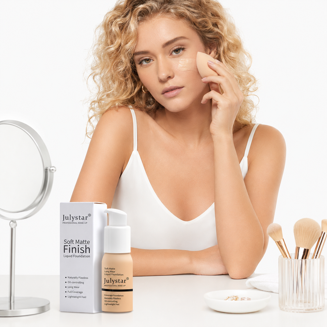 Matte liquid foundation bottle with beige shade swatches and smooth full coverage makeup finish