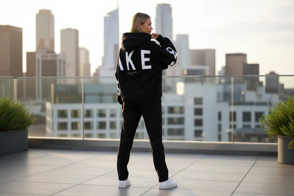 Printed Thickened Hoodie hood-up detail and clean hem finish, bold black print for a polished streetwear layer
