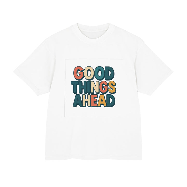 Women graphic t shirt with Good Things Ahead print, relaxed boxy fit, soft cotton feel, and clean studio styling for shop use