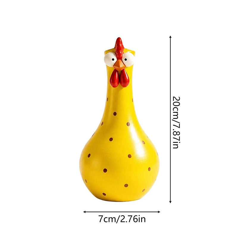 Hand-painted rooster vase with long-neck chicken shape, colorful polka-dot detail and resin form for decorative home display.