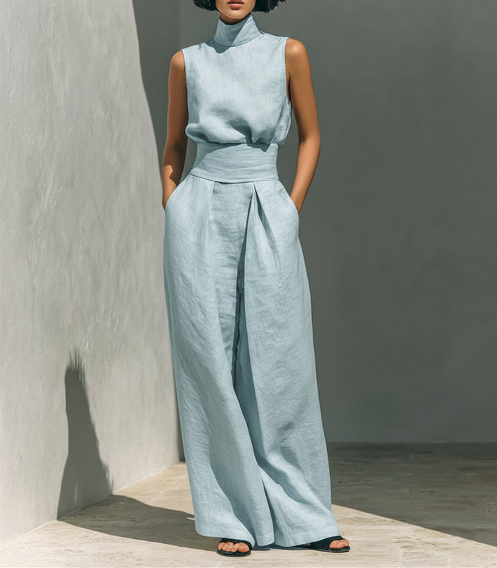 Full-length shot of casual summer trousers with straight-leg silhouette and elastic waist
