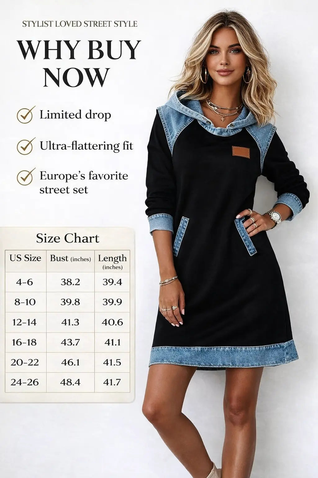 Denim Color Matching Ladies Hoodie Skirt navy blue edition side angle showing stitching panels and relaxed street fit