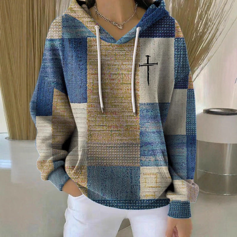 Stylish casual women's plaid hoodie soft hand feel air layer fabric detail