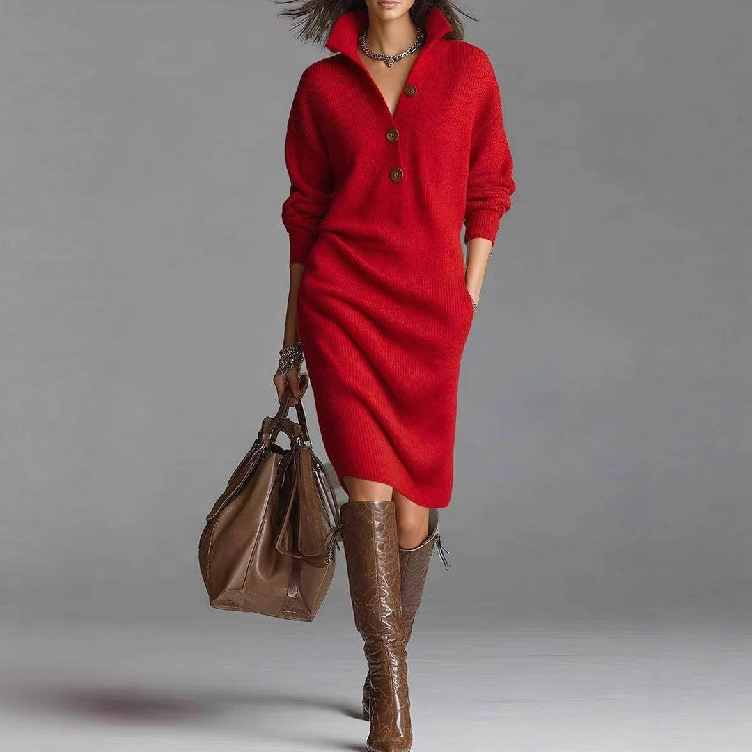 Red long sleeve sweater dress close-up showing V-neck buttons and rib knit details, soft winter wardrobe essential