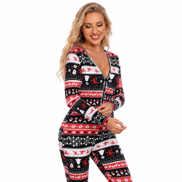 Christmas jumpsuit for women in black cotton with painted festive graphic, slim silhouette and modern casual styling outfits.
