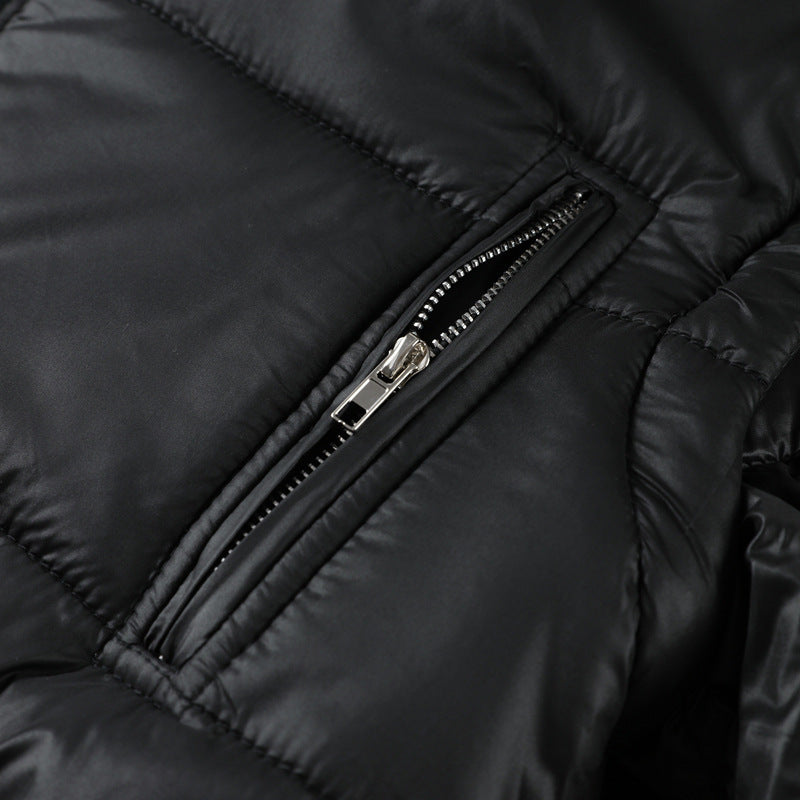 Close-up of a black puffer jacket zipper