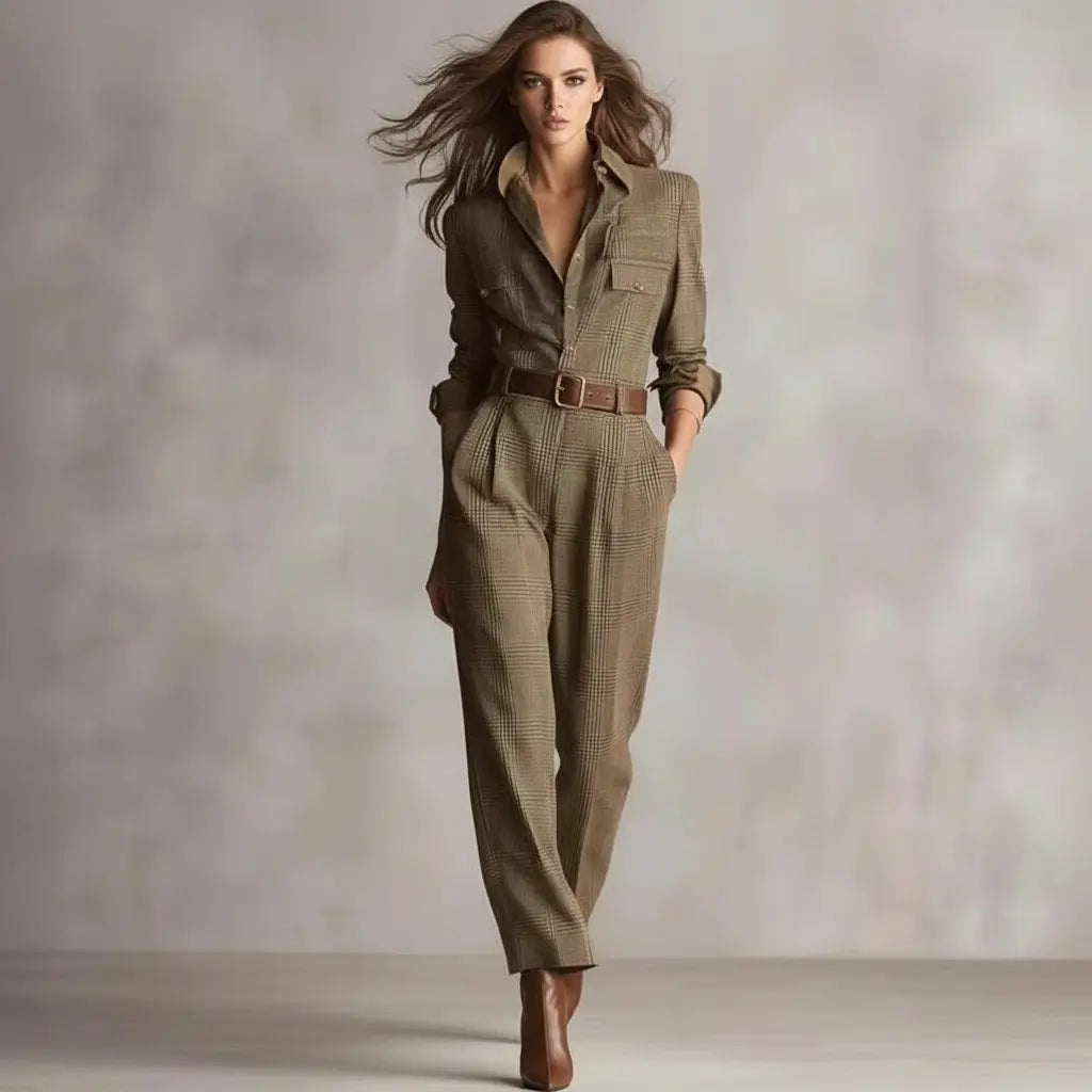 "workwear plaid jumpsuit for office with structured shoulders and tailored leg line"
