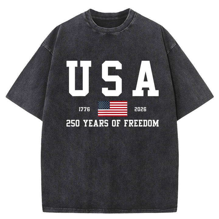Heavyweight cotton T-shirt with 250 Years patriotic print, oversized unisex fit in washed black for casual streetwear style