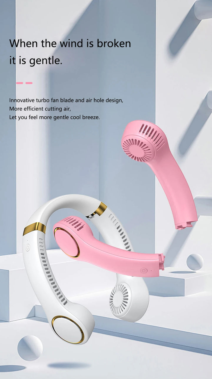 Pink and white handheld fan on a light gray background with text about its design.