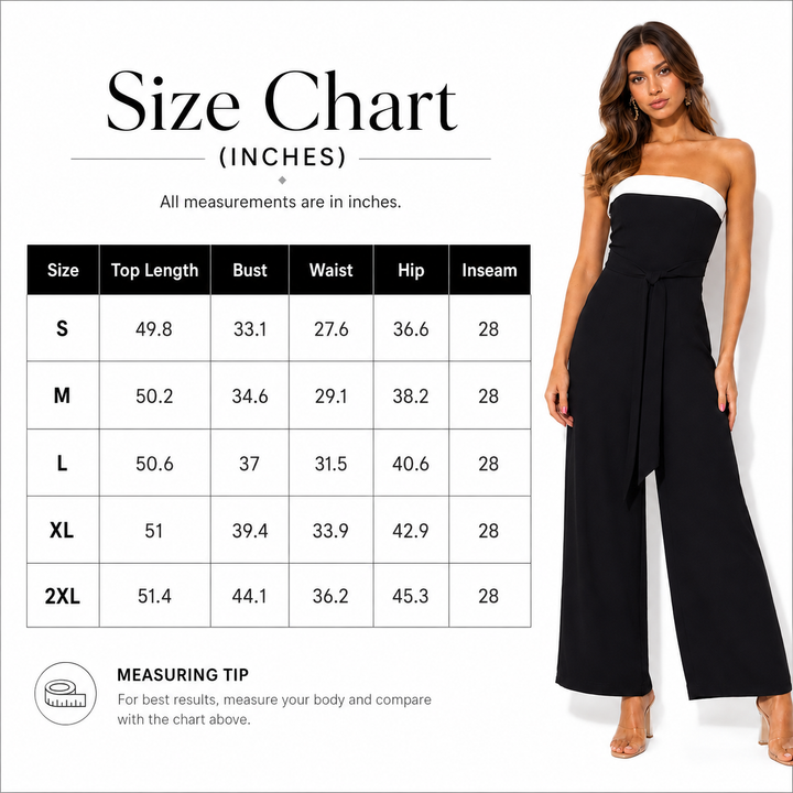 Size chart for a strapless black jumpsuit with a model wearing it, on a white background.