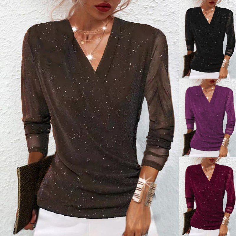 Women's V-Neck Mesh Top - Cross Wrap Long Sleeve Top HQ