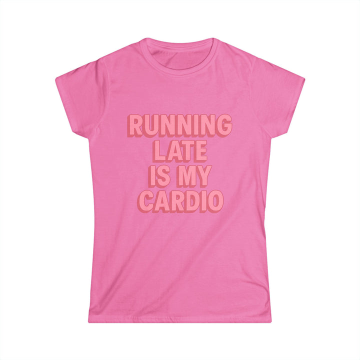 White funny running T-shirt for women with bold cardio slogan, soft cotton feel, clean crew neck, and casual workout style.