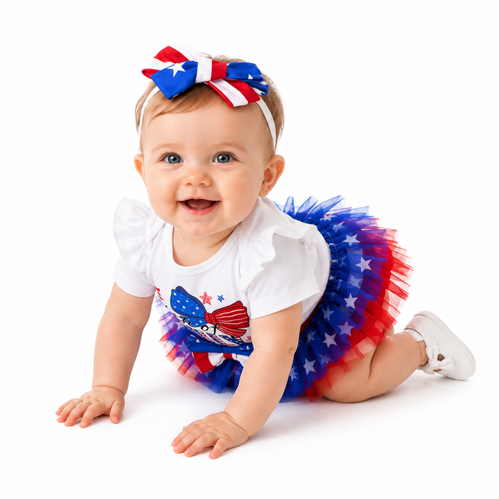 Baby girl clothes set with patriotic bow print romper and matching headband