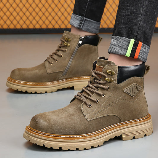 "yellow single lined desert boots men square heel genuine leather casual footwear front angle studio shot"
