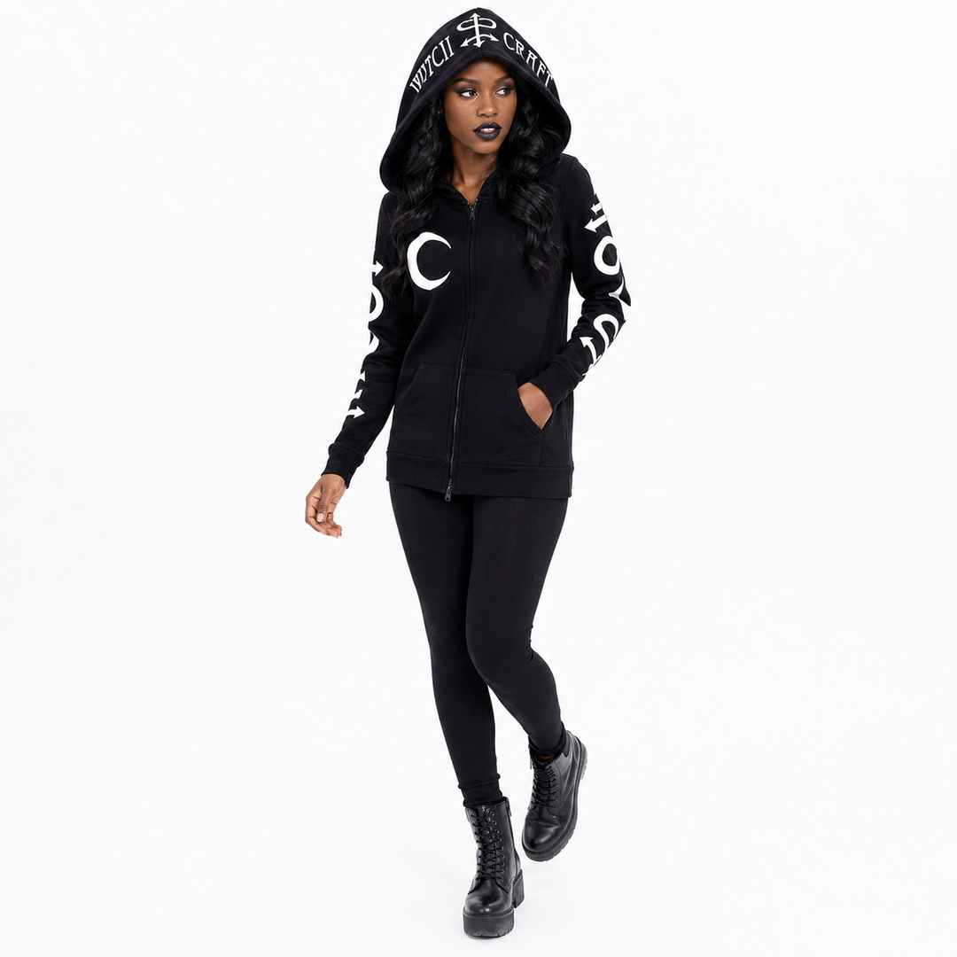 Black punk zip hoodie for women with an oversized hood, a front zip closure and functional pockets for everyday punk styling.
