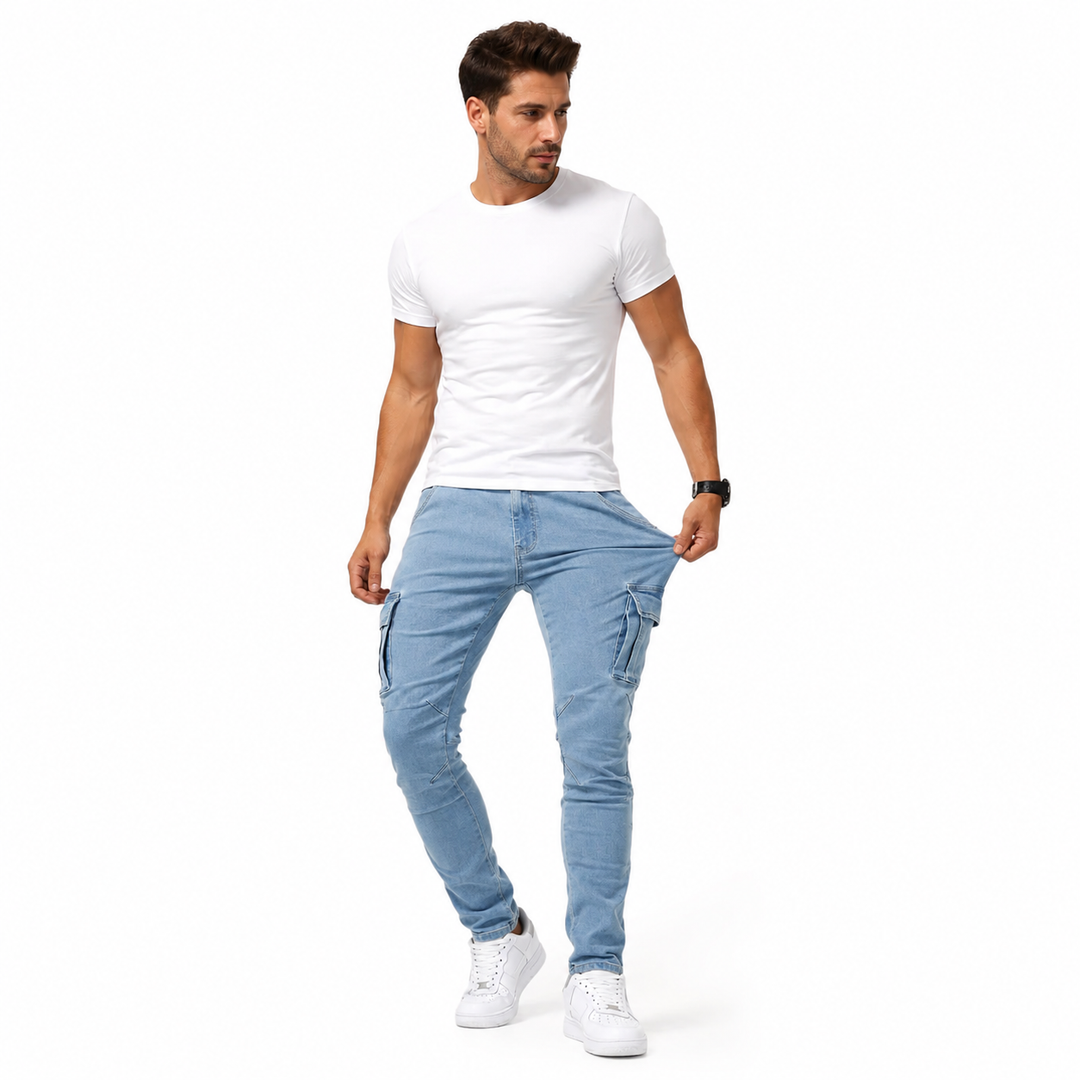 Light blue cargo pants styled with white sneakers for relaxed weekend streetwear
