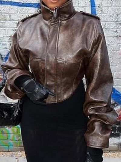 women button leather jacket retro slim silhouette urban style