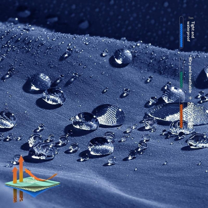 Water droplets resting on blue jacket fabric