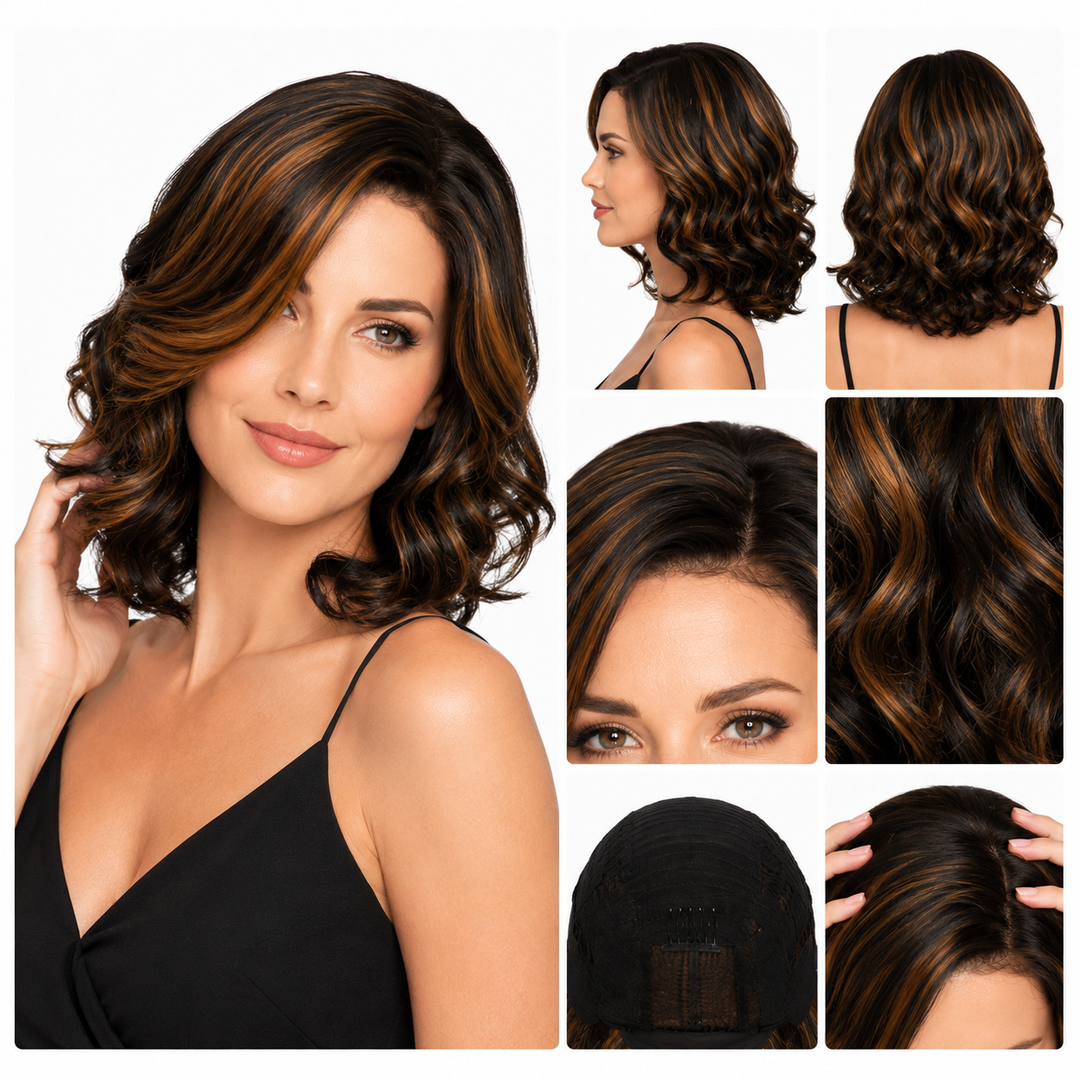 A collage showing a woman modeling a shoulder-length wavy wig from multiple angles, including side, back, front, close-up hair texture, underside, and part detail. The product being sold is the wig, and the visible color is dark brown with warm caramel and lighter brown highlights.