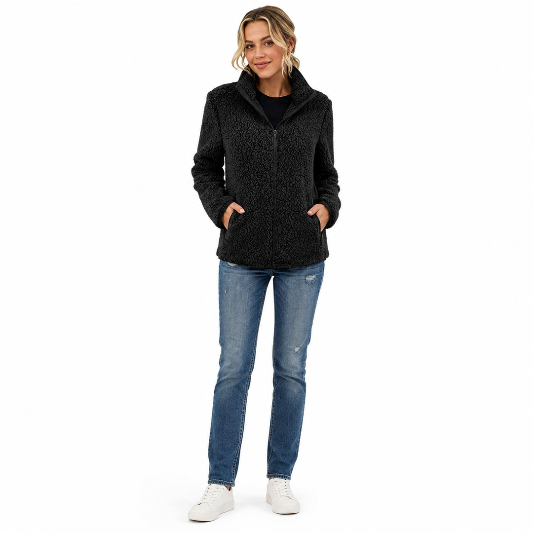 Relaxed bubble velvet sweatshirt with zipper front stand collar and regular sleeves for daily fall and winter outfit layering

