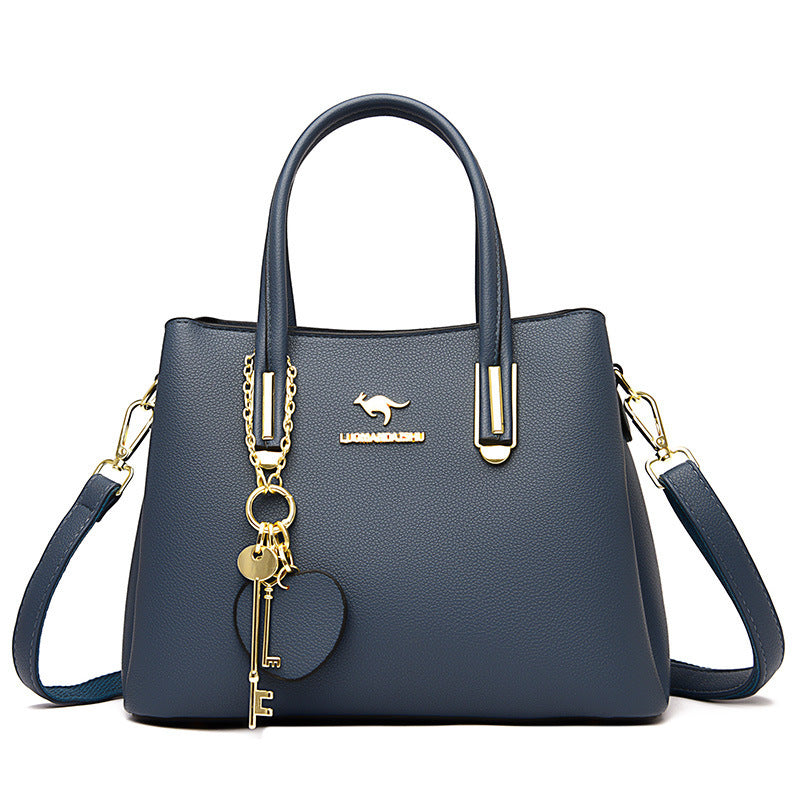 Large blue women's handbag with lychee texture