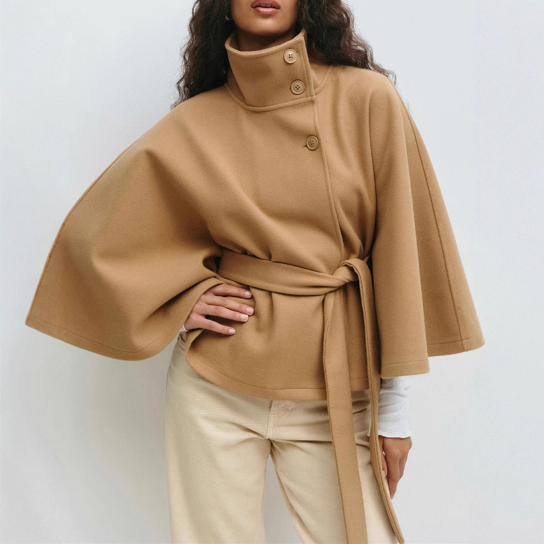 "solid color trench coat for women khaki shade belted waist effect stand collar chic minimalist everyday layer"