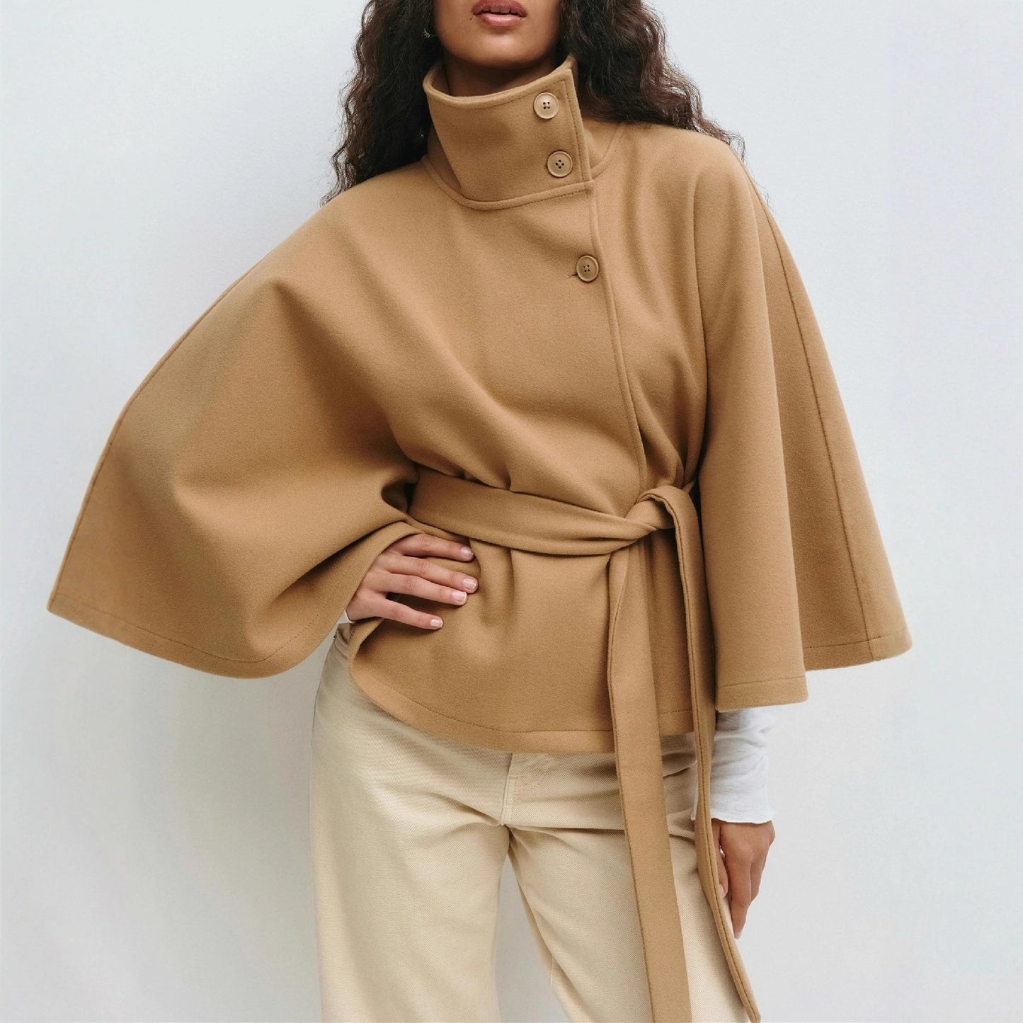 "solid color trench coat for women khaki shade belted waist effect stand collar chic minimalist everyday layer"