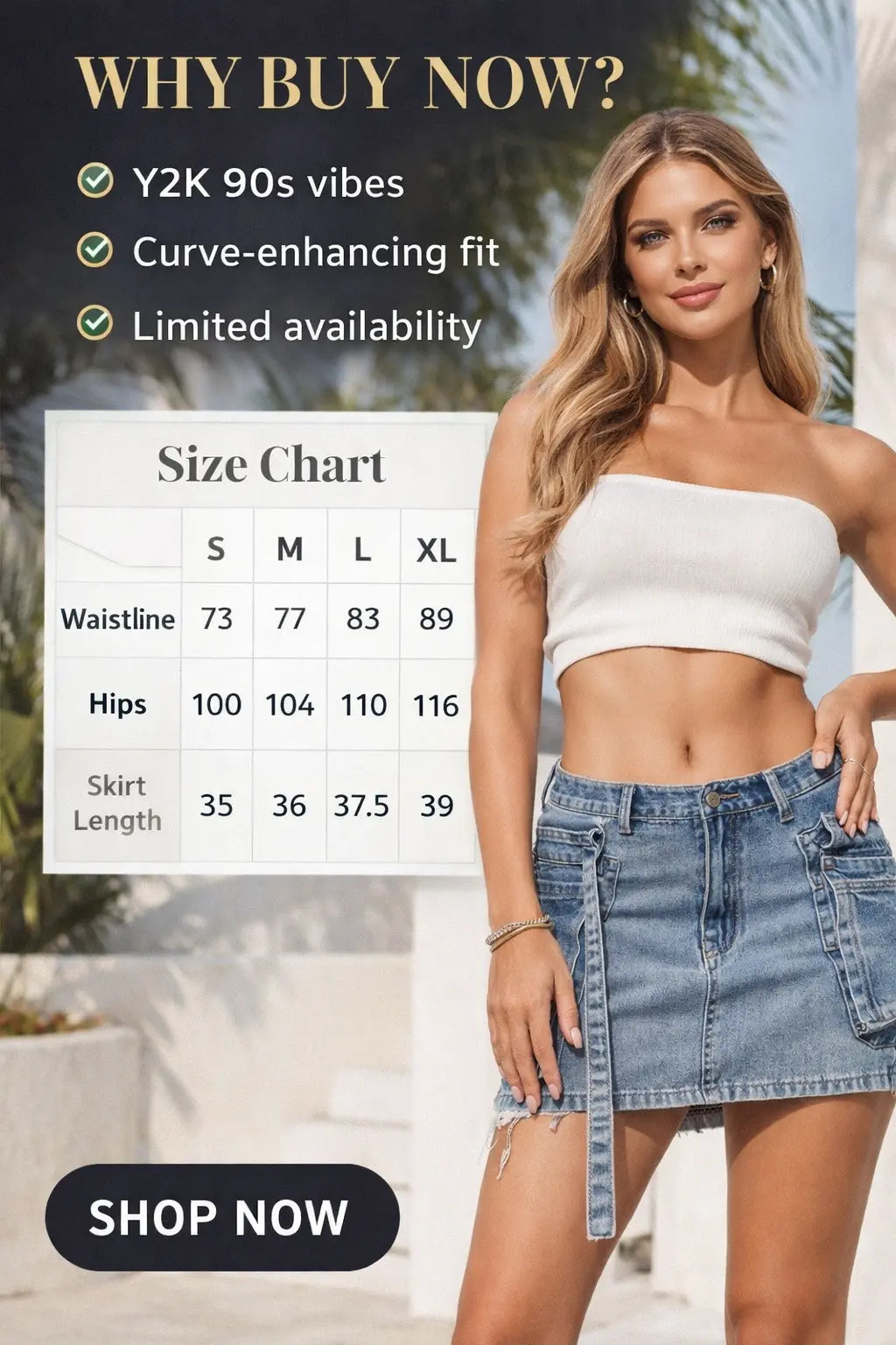 Flat lay of a Y2K denim mini skirt styled with a crop top, sunglasses, and small shoulder bag