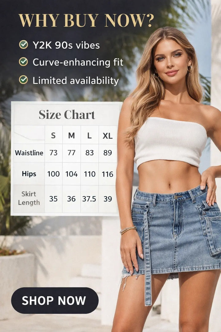 Flat lay of a Y2K denim mini skirt styled with a crop top, sunglasses, and small shoulder bag