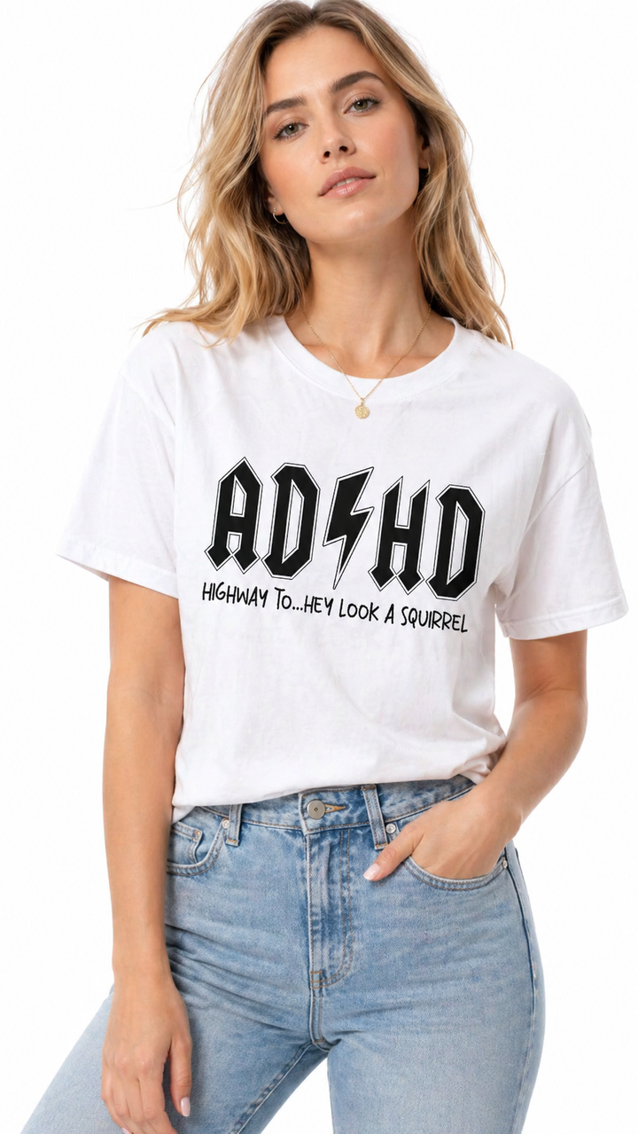 AD/HD graphic cotton tee for women with loose fit and short sleeves on clean studio background