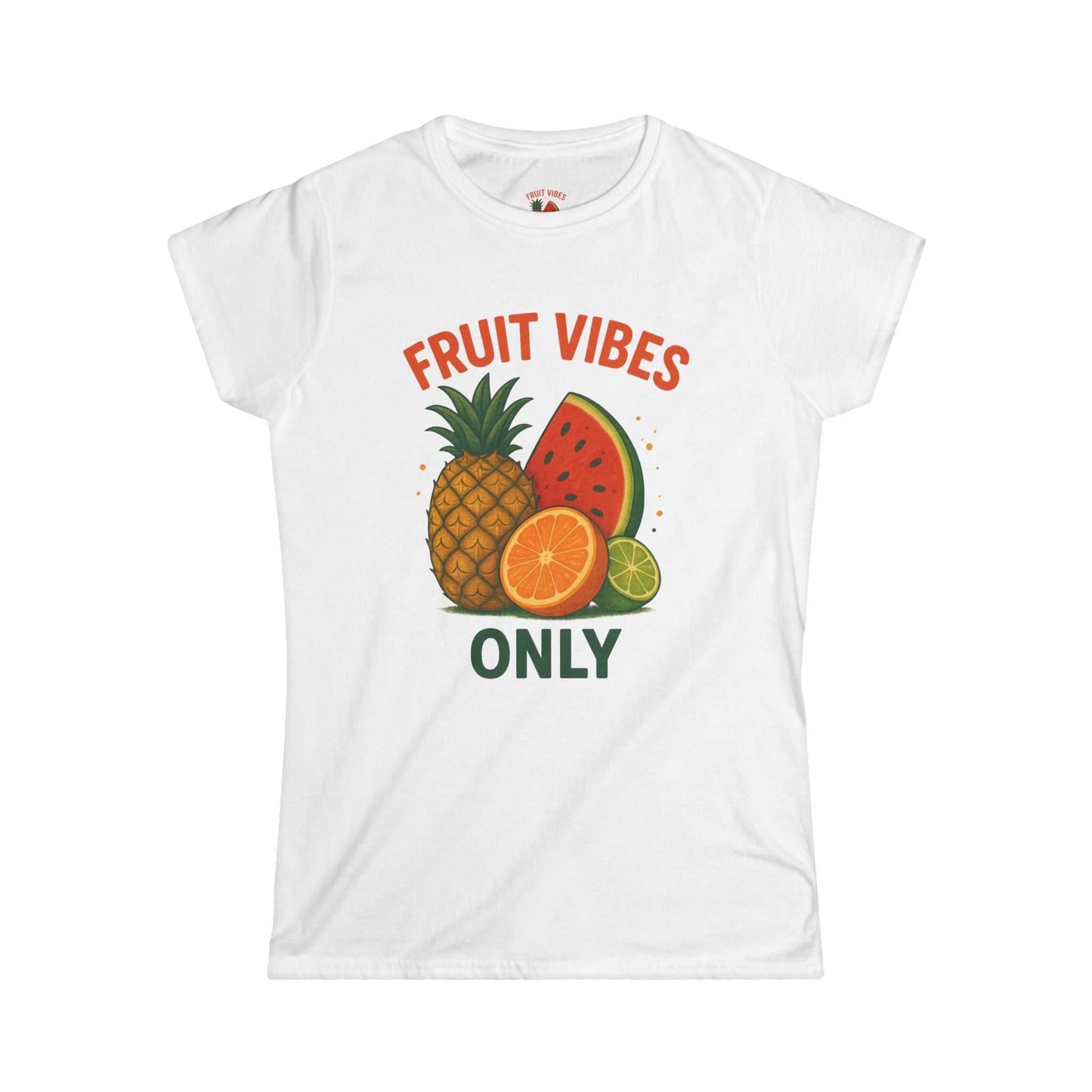 White women's tee with tropical fruit graphic and text
