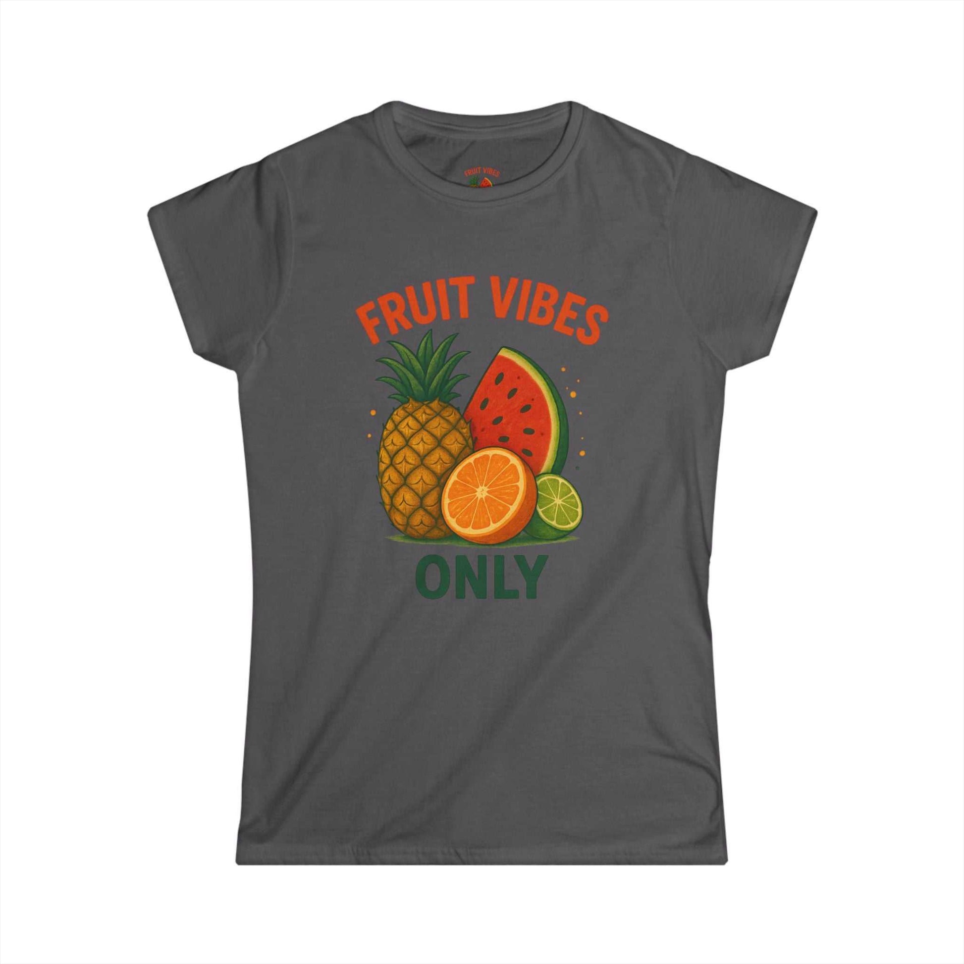 Gray women's tee with colorful tropical fruit graphic