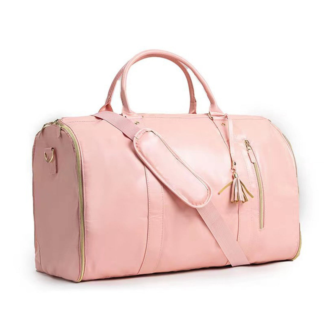 Travel clothing bag with woven exterior detail, adjustable strap and zipper closure for business trips and organized packing.