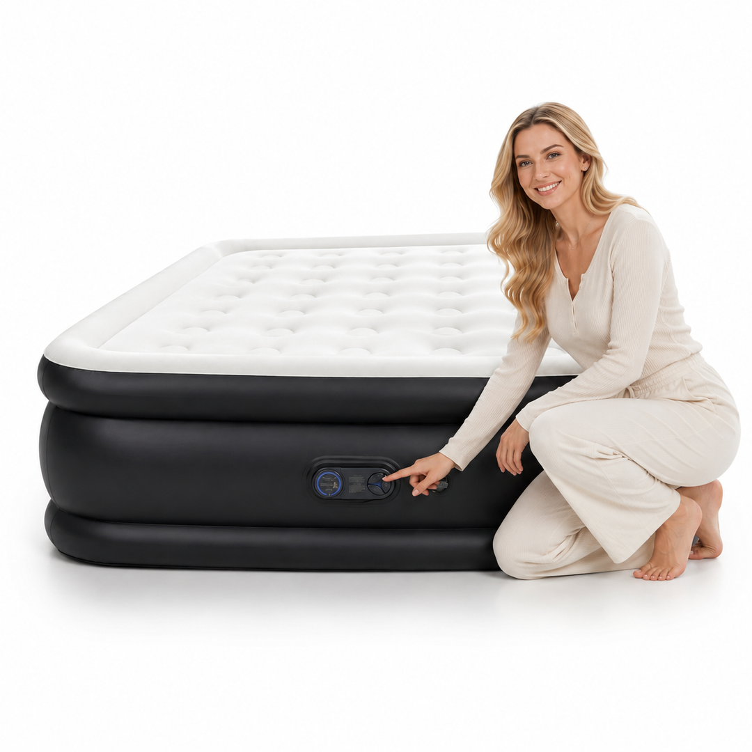 18 inch air mattress with built in pump fully inflated in a clean guest room setup