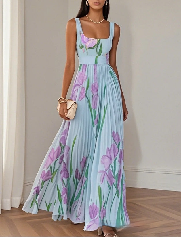 Woman wearing a floral dress with a plain background