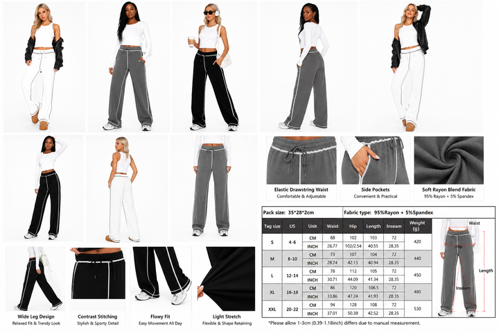 A collage showing multiple models wearing different color and style variations of wide-leg pants, including black, gray, white, and dark gray options. The layout includes close-up detail shots of the waistband and side pockets, a fabric texture close-up, a sizing chart, and text labels describing features like elastic drawstring waist, side pockets, and soft rayon blend fabric.