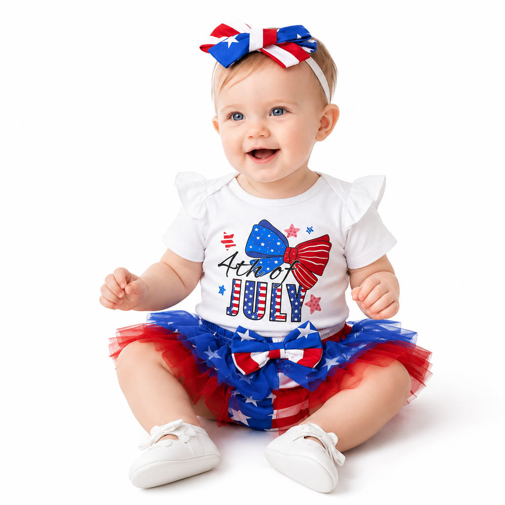 Baby Girl Outfit Set - 4th July Tutu Romper Bow Red USA