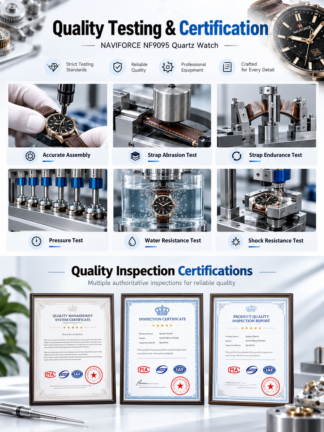 A promotional infographic for a NAVIFORCE NFR095 Quartz Watch, featuring a top section with quality testing and certification icons and photos of watch assembly and water resistance tests, and a bottom section displaying three framed inspection certificates.