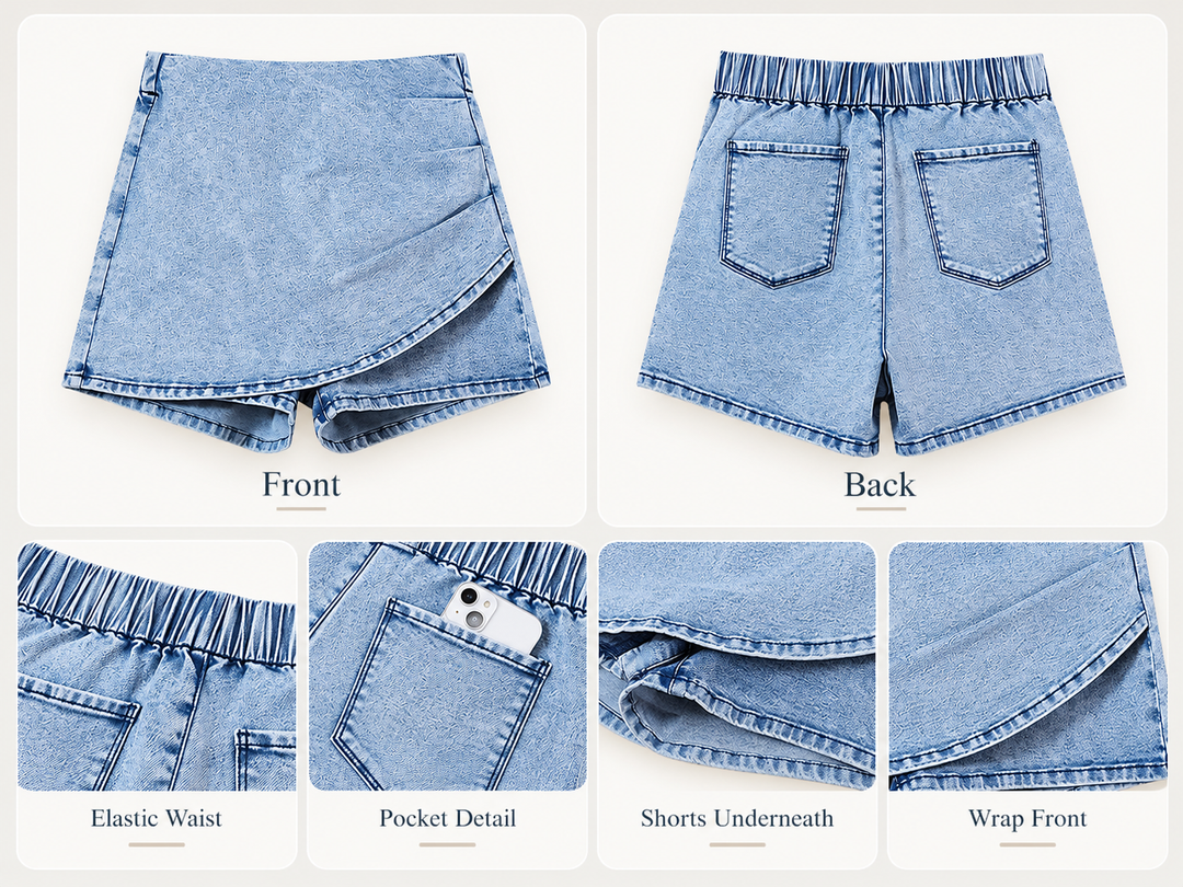 A product collage showing light blue denim shorts from multiple angles: front, back, elastic waist close-up, pocket detail, shorts underneath, and wrap front. The image is labeled with text such as &