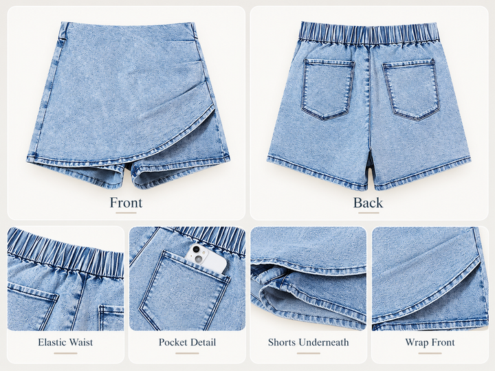A product collage showing light blue denim shorts from multiple angles: front, back, elastic waist close-up, pocket detail, shorts underneath, and wrap front. The image is labeled with text such as &